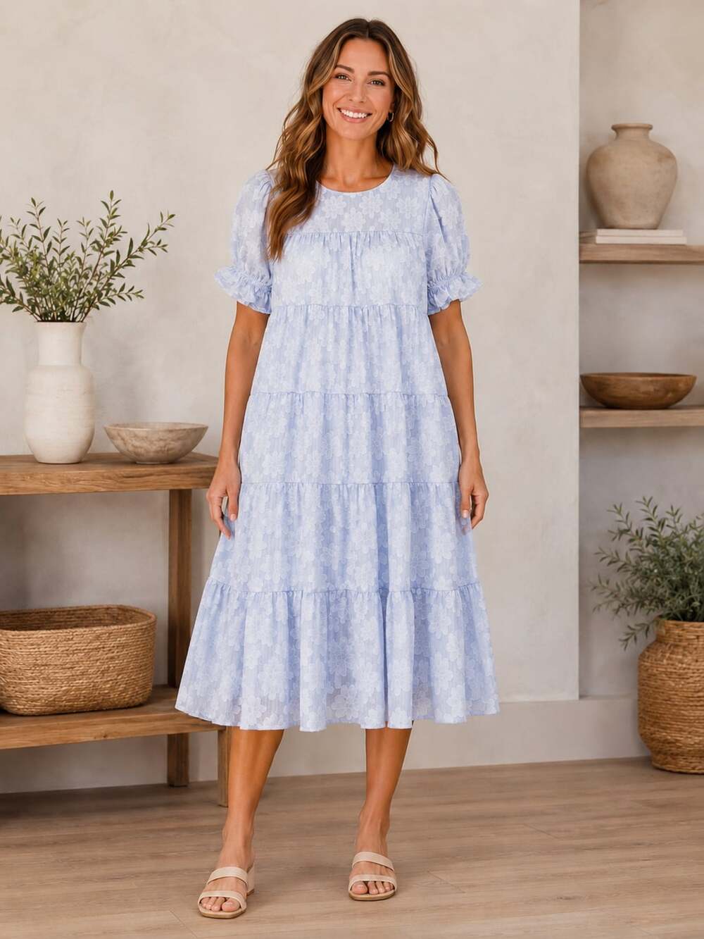 Polagram Light Blue Floral Textured Tiered Midi Dress Puff Sleeve Women’s M